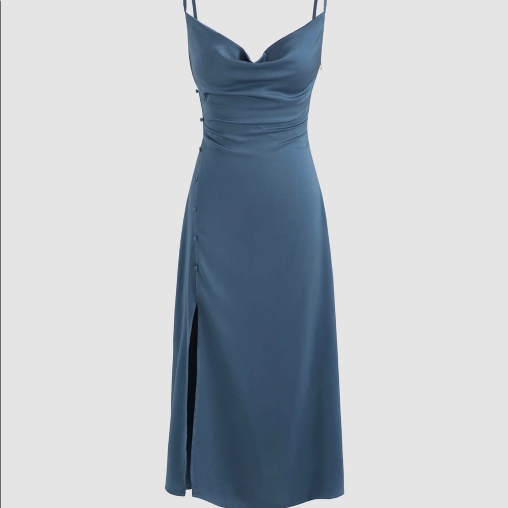 Womens Cider Solid Cowl Neck Slit MIDI Dress